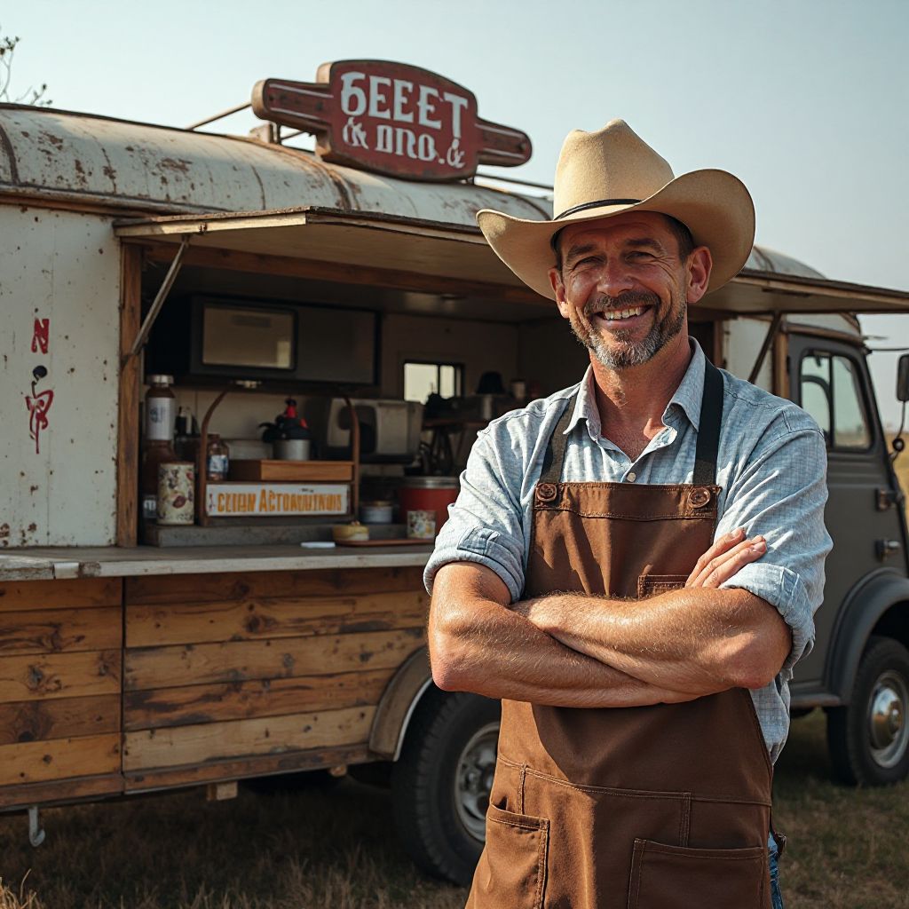 Jack Wilson, Rolling BBQ founder, standing next to first food truck