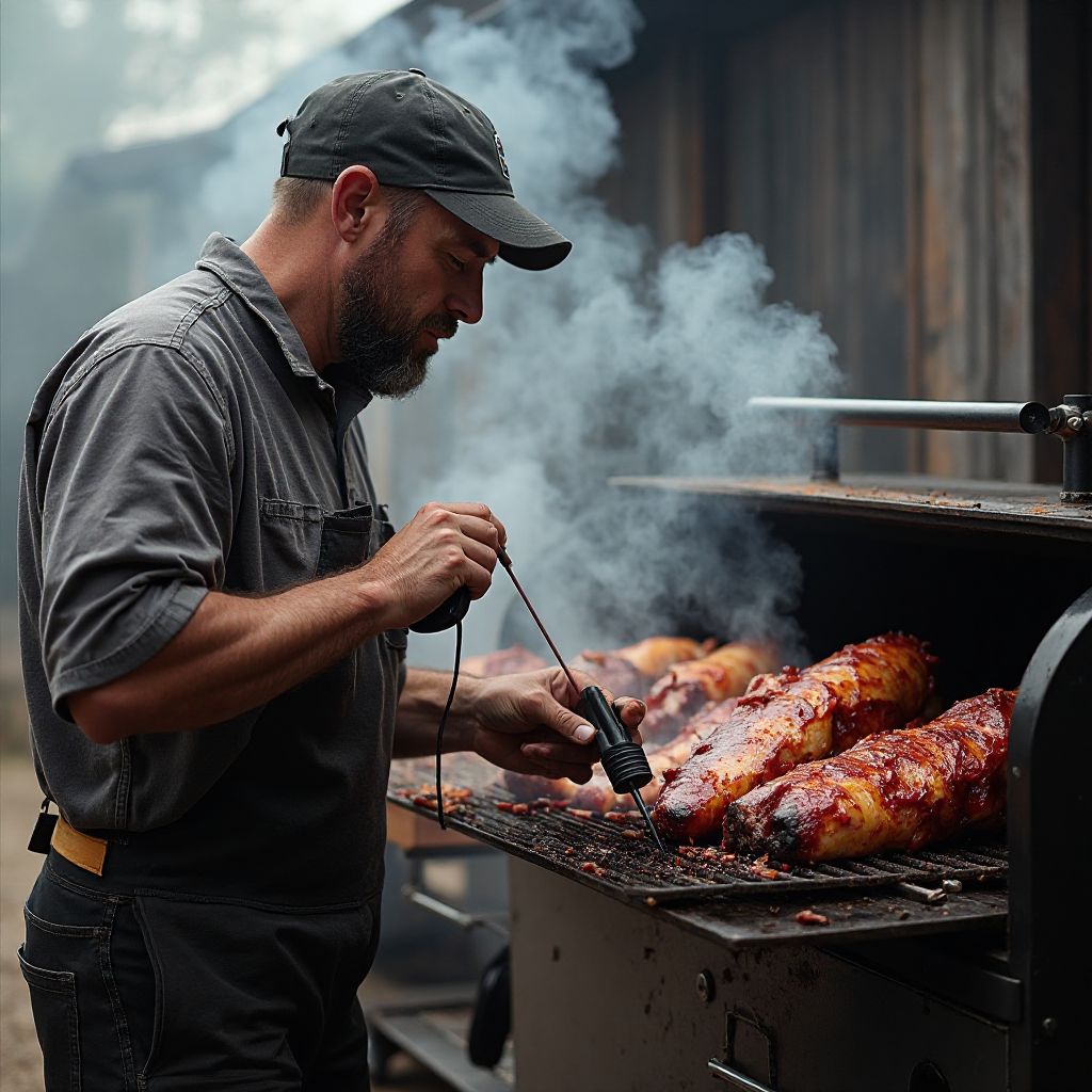 Pitmaster smoking brisket on large offset smoker