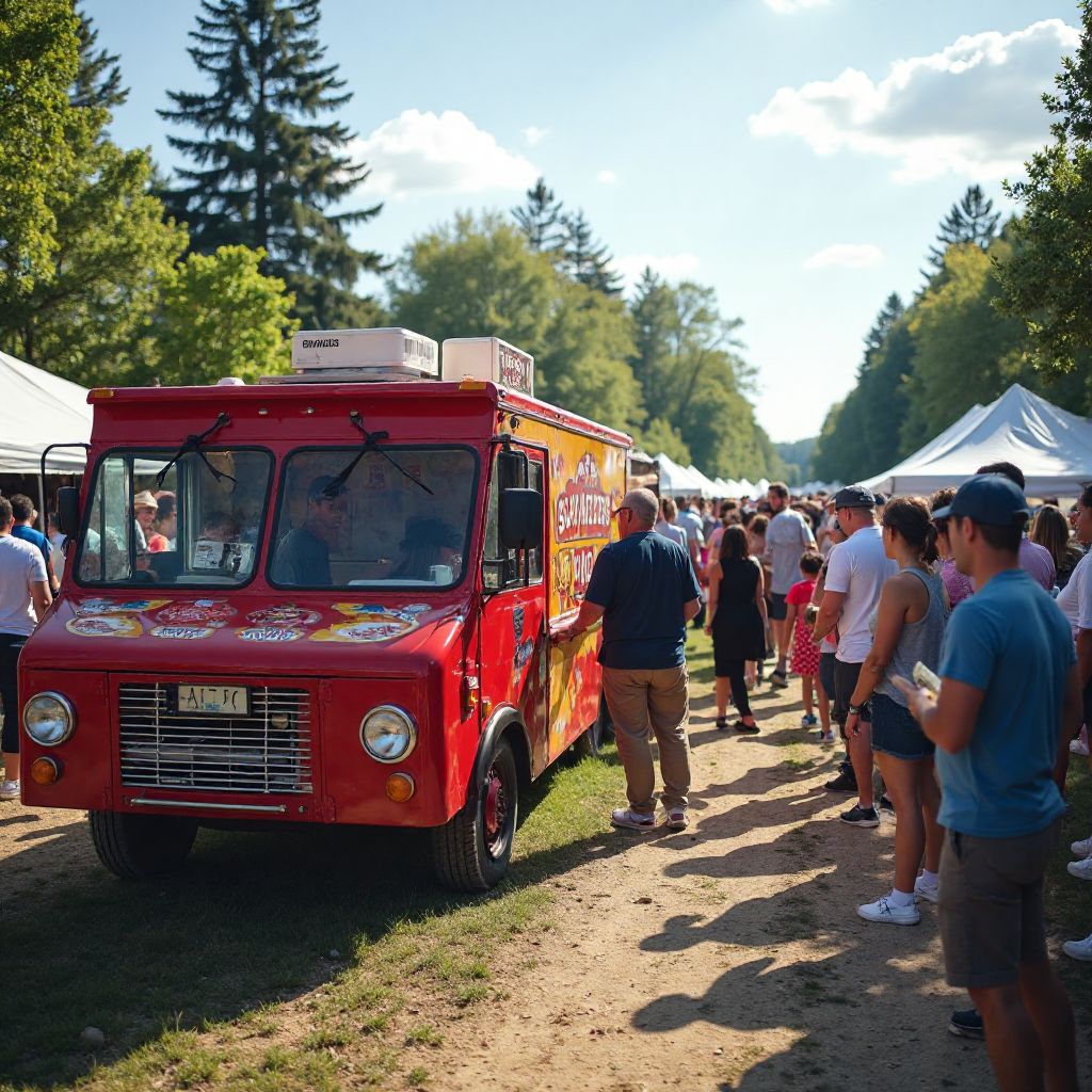 Food truck at busy festival with long line of customers