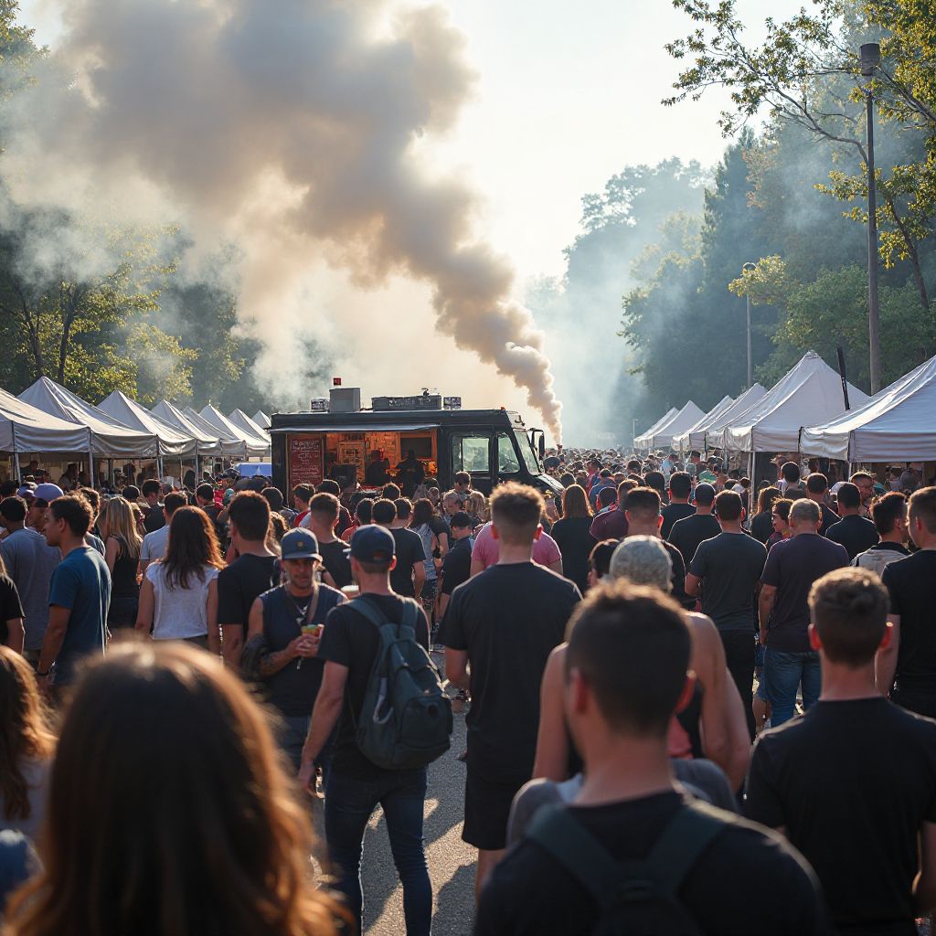 Food festival with Rolling BBQ truck and crowds